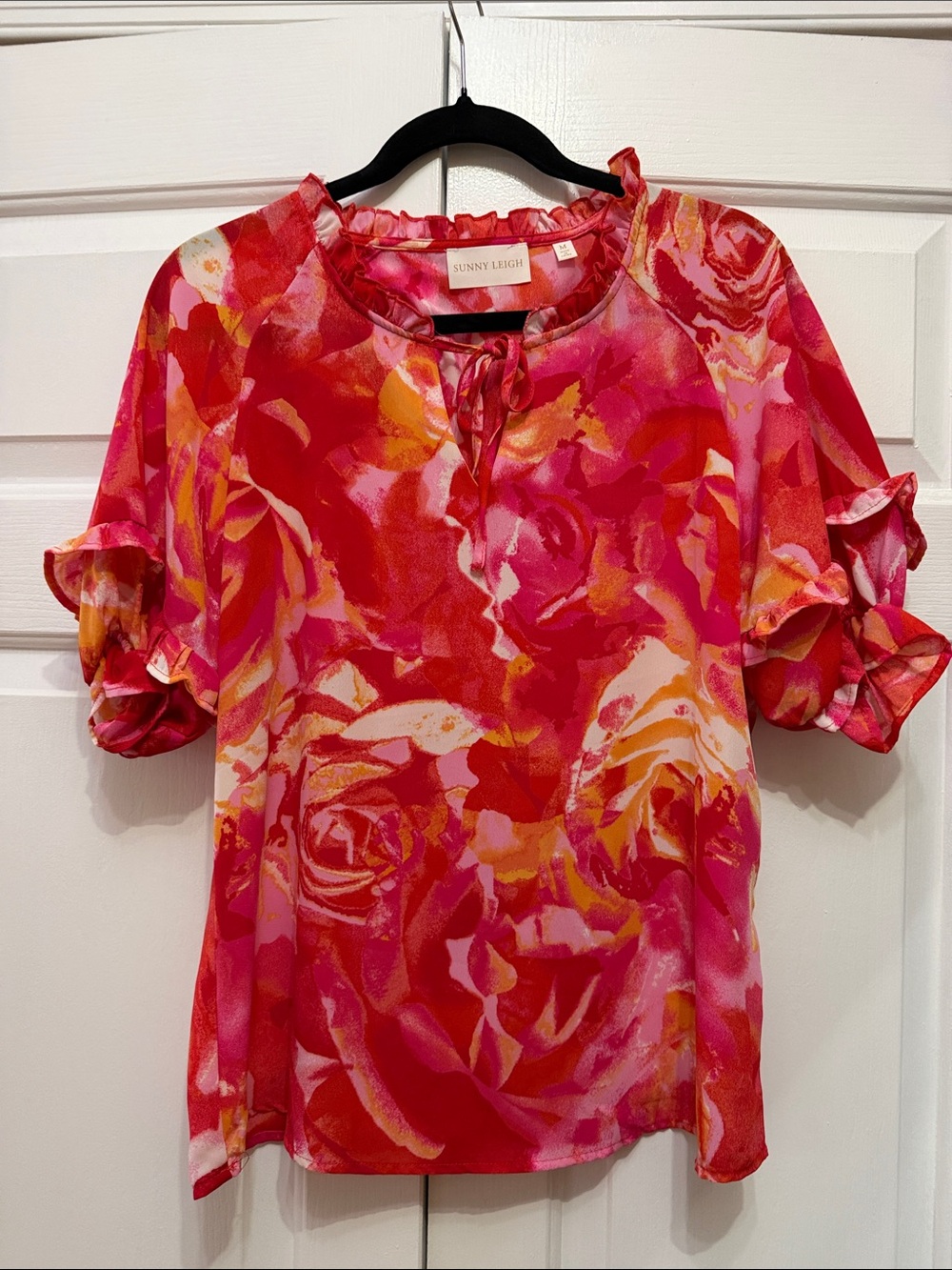 Sunny Leigh Hot Pink & Red Floral Ruffle-Tie Blouse